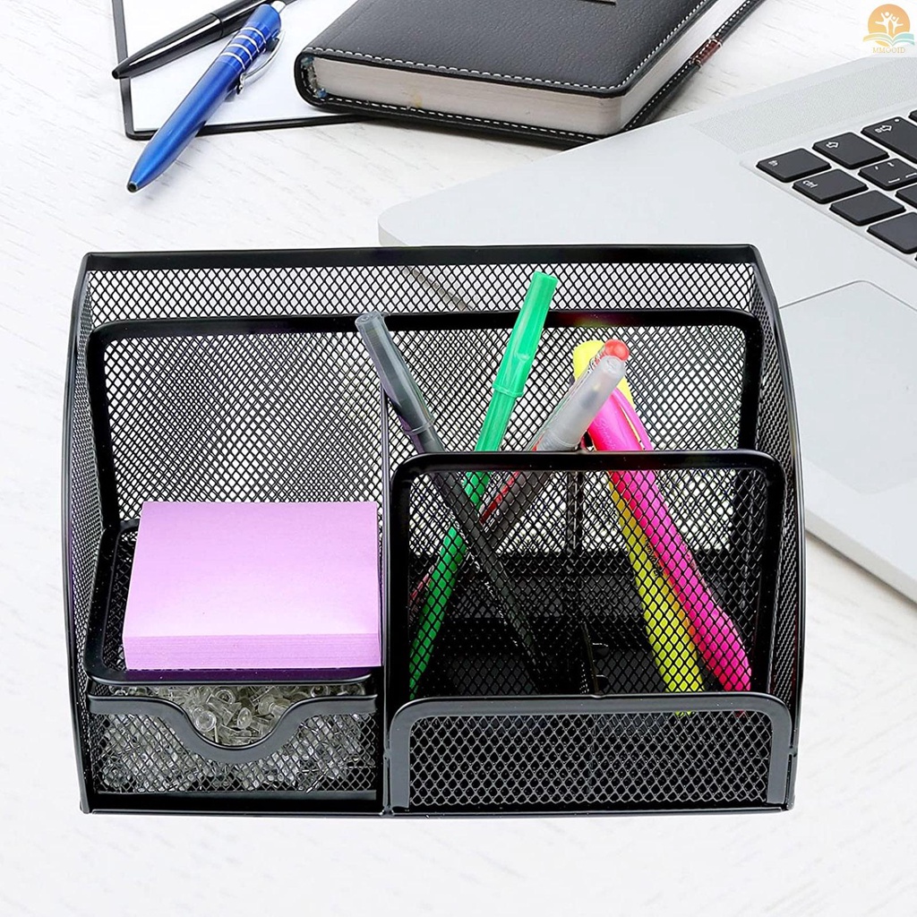 In Stock Meja Kantor 6-Grid Mesh Kotak Penyimpanan Notes Pensil Stand Table Organizer Perlengkapan Kantor