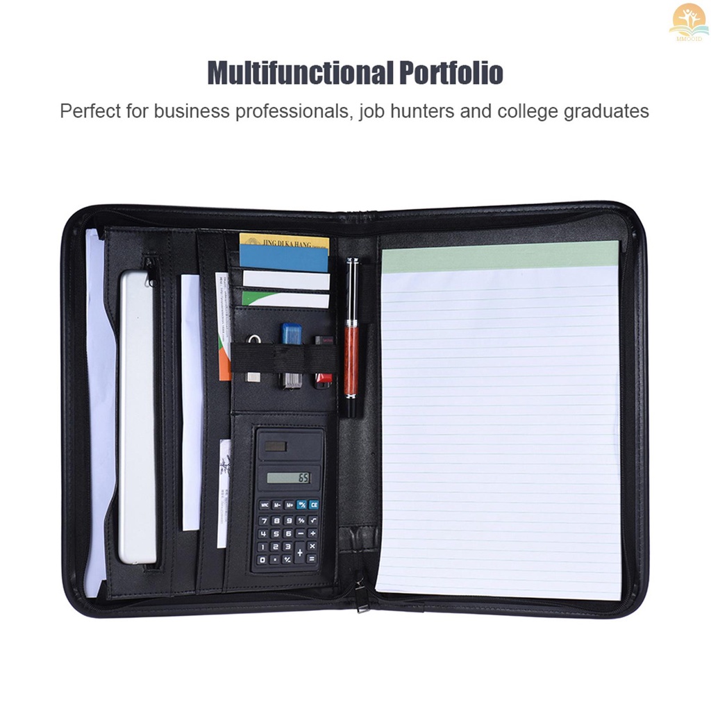 In Stock Multifungsi Bisnis Profesional Ritsleting Portfolio Padfolio Folder Dokumen Case Organizer A4 Kulit PU Dengan Kalkulator Tempat Kartu Nama Memo Note Pad