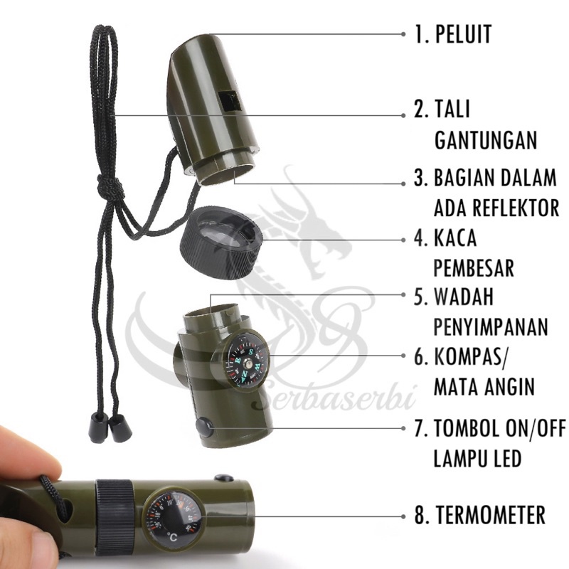 MultiTone 7-in-1 Peluit SOS Multifungsi dengan Compass dan Senter LED