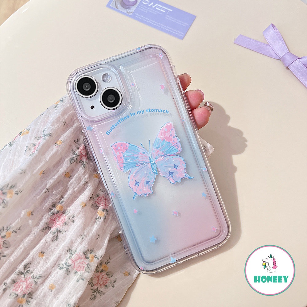 IPHONE Casing Ponsel Kupu-Kupu Gradasi Warna Korea Kompatibel Untuk Iphone14 13 12 11 Pro Max XR XS 7Plus 8Plus Bening Airbag Shockproof Back Cover