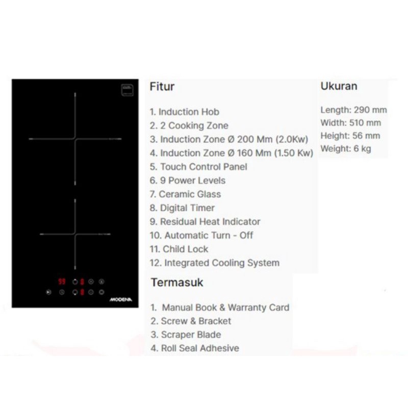 Kompor listrik induksi Modena BI 0321 L / 2 tungku hitam