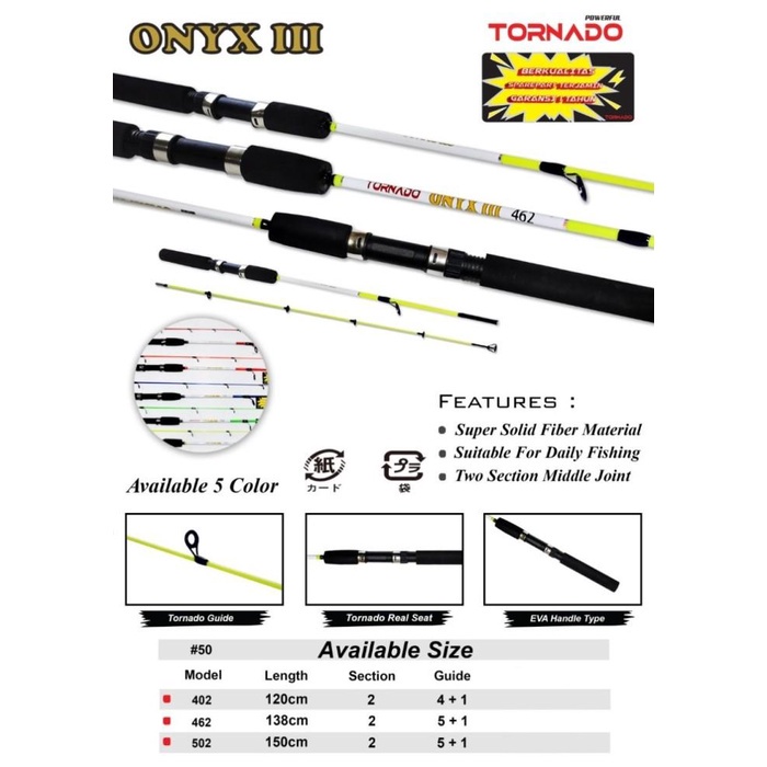 Joran Spinning Tornado Onyx Iii 120cm 138cm 150cm Fiber Solid Tongkat / Tangkai Gayahan Pancing Samb