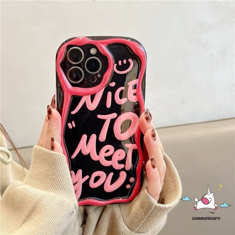 IPHONE Kompatibel Untuk Iphone11 13 12 14 Pro Max 7plus XR 6s 6 7 8 Plus X XS Max SE 2020 Ins Fashion Art Letter Smile Tpu Lembut 3D Wavy Curved Edge Shockproof Airbag Glossy Phone Case