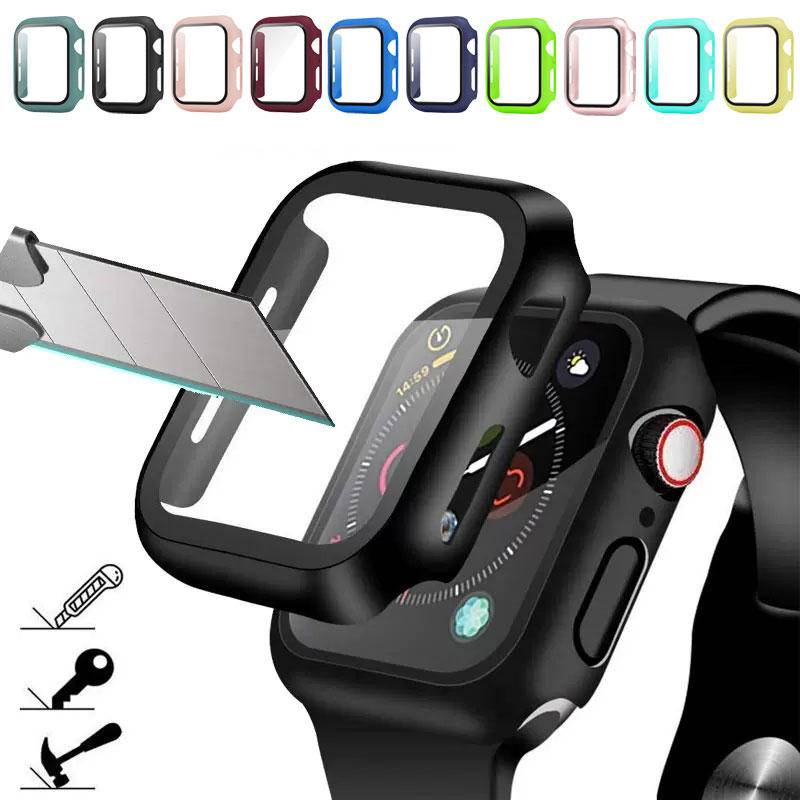 Kaca+tutup Untuk Apple Watch Case Series8 7 45mm 41mm Tempered Hard PC Bumper iWatch Series 6 5 4 3 2 SE 44mm 42mm 40mm 38mm Pelindung Layar