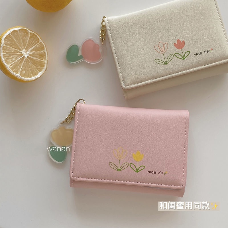 Sera Simple Retro Style Women s Short Section Small and Exquisite Tulip Small Wallet Multi-Card Mini College Student Wallet Bag