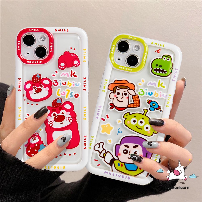 IPHONE Casing Ponsel Manyo Beruang Strawberry Lucu Kompatibel Untuk Iphone 11 14 13 12 Pro MAX 7Plus XR 6 6S Plus X XS MAX Kartun Toy Story Soft TPU Airbag Shockproof Clear Back Cover