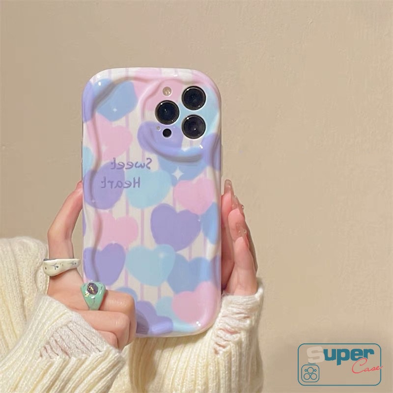 Ins Lukisan Cat Minyak Cinta Hati Casing Kompatibel Untuk iPhone 7plus XR 11 13 12 14 Pro Max 6s 6 7 8 Plus X XS Max SE 2020 3D Wavy Curved Edge Soft Tpu Shockproof Airbag Glossy Case