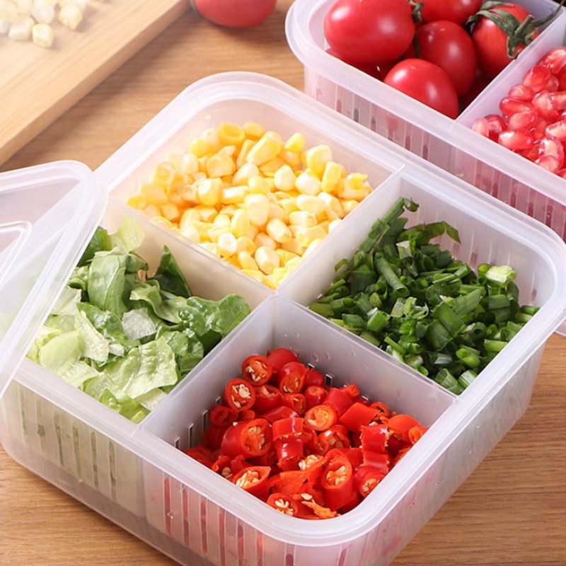 Tempat Penyimpanan Makanan dengan 4 Sekat dan Saringan untuk Buah dan Sayuran