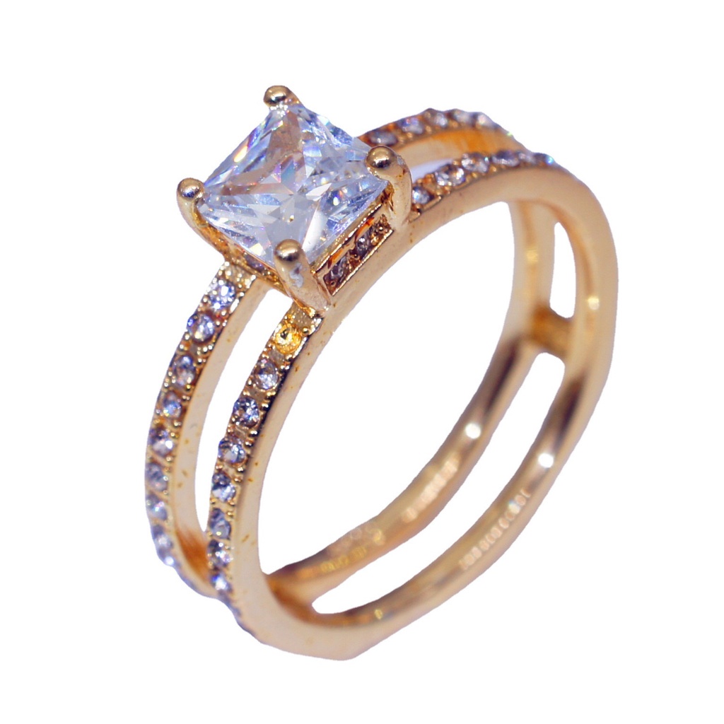 Goldkingdom Aksesoris Perhiasan Fashion Ready Stock Berlapis Emas Kuning Berlian Ganda-set Mahkota Cincin Berlian Eropa Dan Amerika Putri Pertunangan Cincin