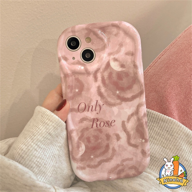 IPHONE Casing Kompatibel Untuk Iphone14 13 12 11 Pro Max X Xr Xs Max8 7 6 6s Plus SE 2020 Ins Pink Lukisan Minyak Rose Phone Case Shockproof Silikon Halus Bergelombang Soft Case Cover Pelindung