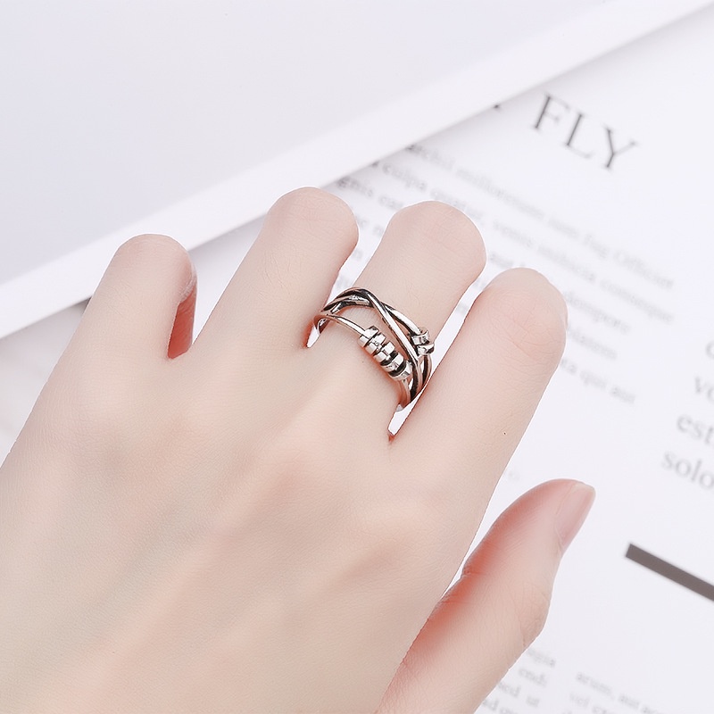 Fashion Temperamen Multi Layer Cross Finger Ring/Smart Transfer Bead Open Ring/Dekompresi Tumpuk Perhiasan Aksesoris