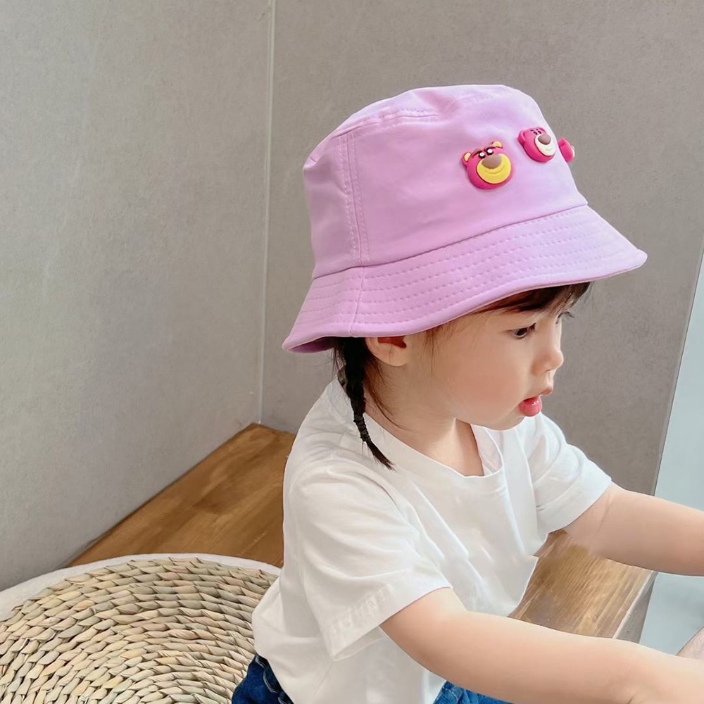 Pola Beruang Strawberry Lucu Anak-Anak Topi Nelayan Warna Permen Musim Panas Outdoor Kerai Cap