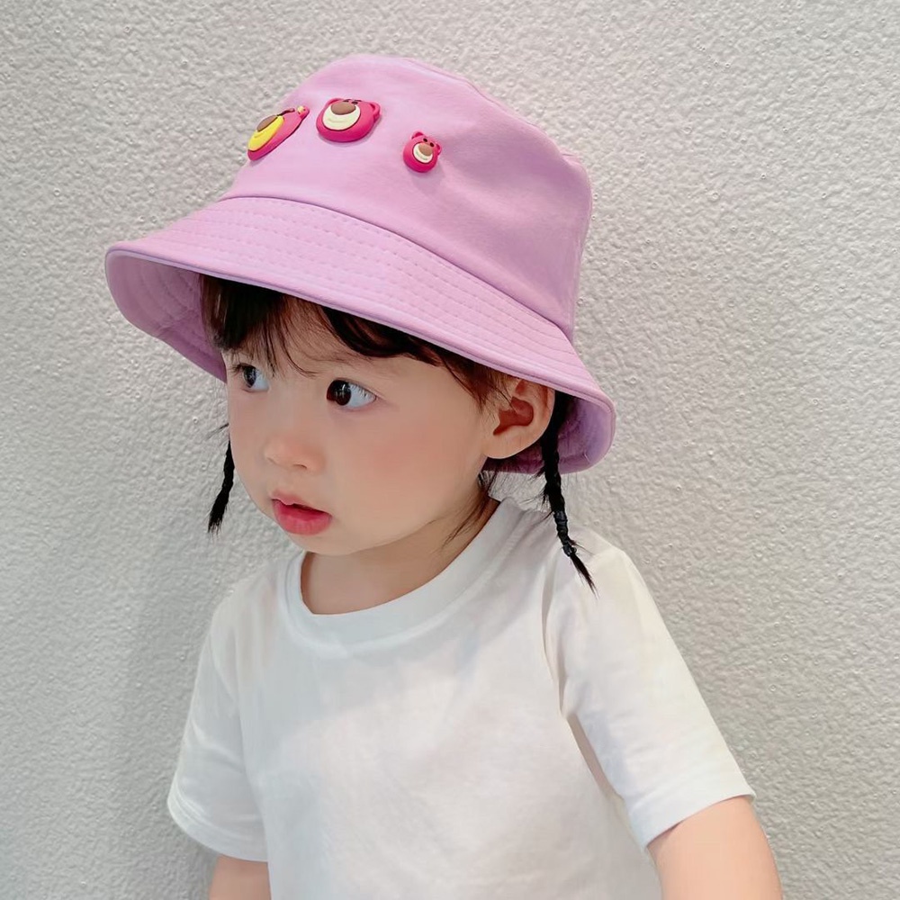 Pola Beruang Strawberry Lucu Anak-Anak Topi Nelayan Warna Permen Musim Panas Outdoor Kerai Cap