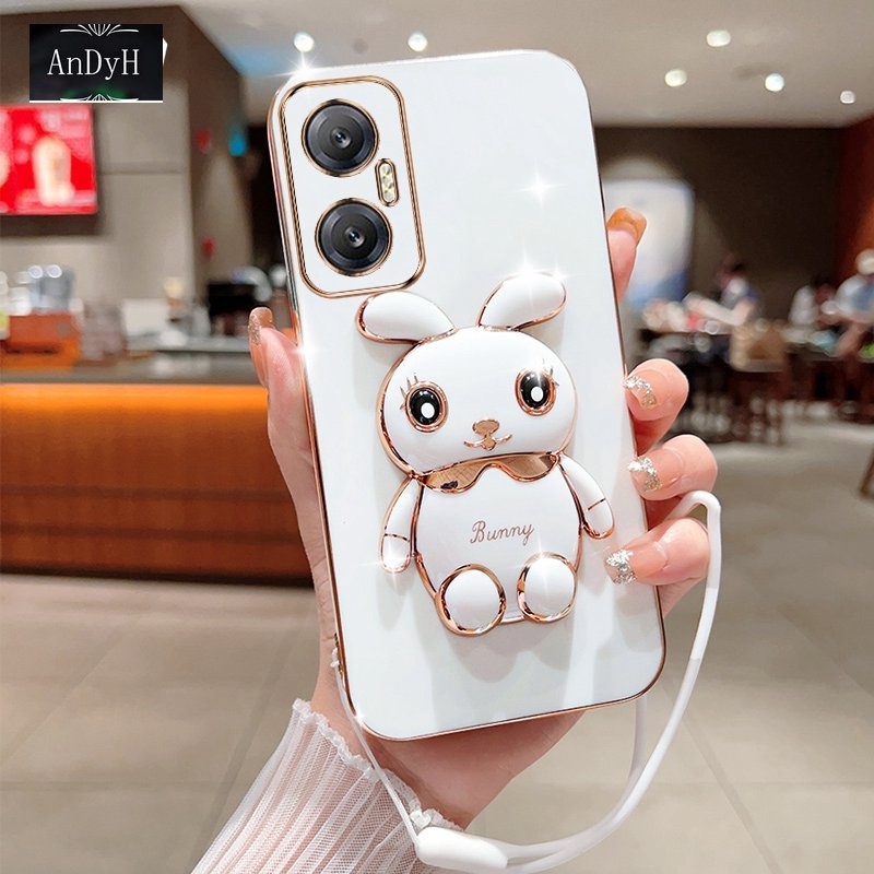 Andyh Case Ponsel Untuk Infinix Hot20 5G X666 X666B Kartun Lucu Kelinci Kecil Tepi Lurus Soft Shell Mengirim lanyard Silikon