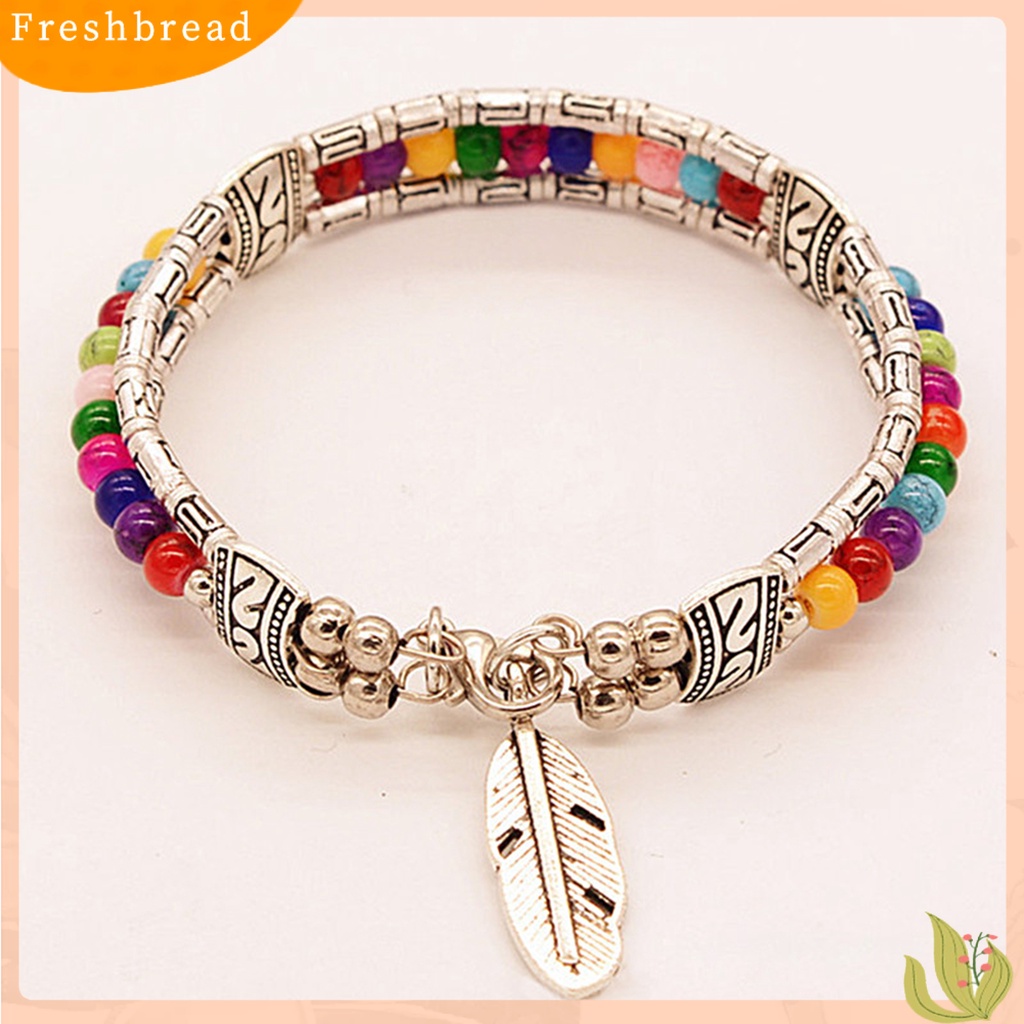 &lt; Freshbread &gt; Gelang Wanita Bentuk Bulu Bahan Alloy Imitasi Turquoise Tiga Lapis Women Bangles Untuk Hadiah