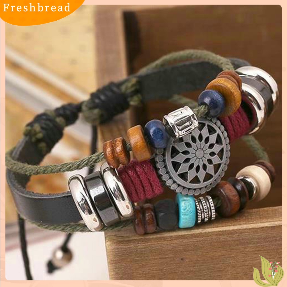 &lt; Freshbread &gt; Boho Wanita Multi Layer Manik-Manik Anyaman Tali Kulit Gelang Adjustable Jewelry