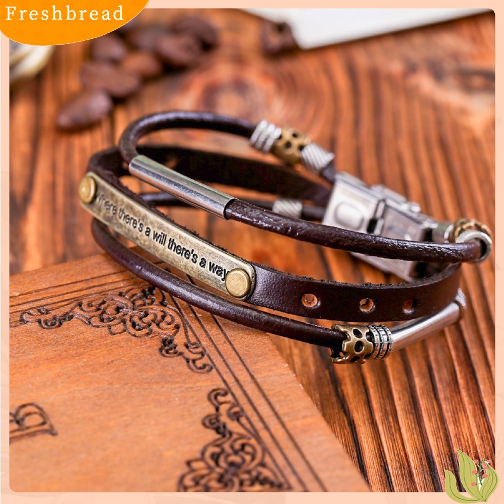 &lt; Freshbread &gt; Vintage Unisex Faux Leather Multilayer Motto Ukiran Gelang Tangan Perhiasan