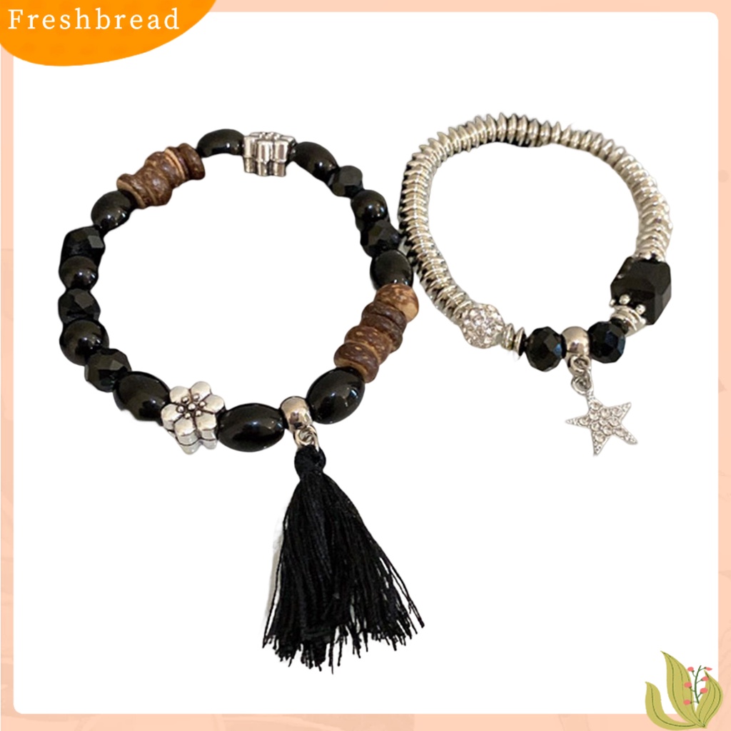 &lt; Freshbread &gt; 2Pcs/Set Couple Gelang Gaya Etnik Manik-Manik Elastis Berlian Imitasi Bintang Liontin Hadiah Elegan Adjustable Kristal Imitasi Jumbai Pria Gelang Fashion Perhiasan