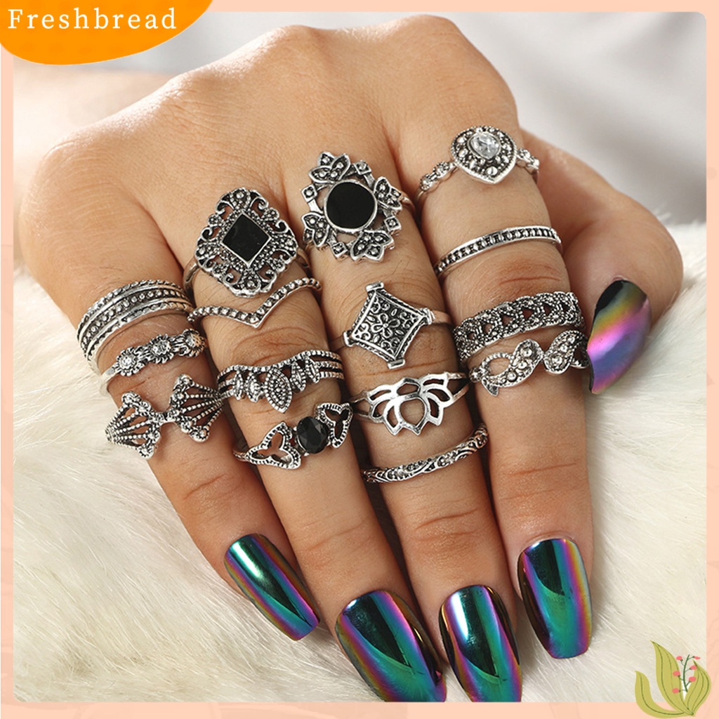 &lt; Freshbread &gt; 15Pcs Cincin Wanita Gaya Bohemian Berlian Imitasi Bertatahkan Perhiasan Tidak Luntur Pembukaan Cincin Untuk Kehidupan Sehari-Hari