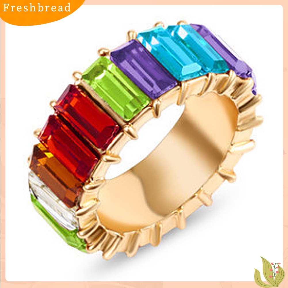 &lt; Freshbread &gt; Wanita Persegi Panjang Pelangi Berlian Imitasi Bertatahkan Jari Cincin Pesta Perhiasan Aksesori