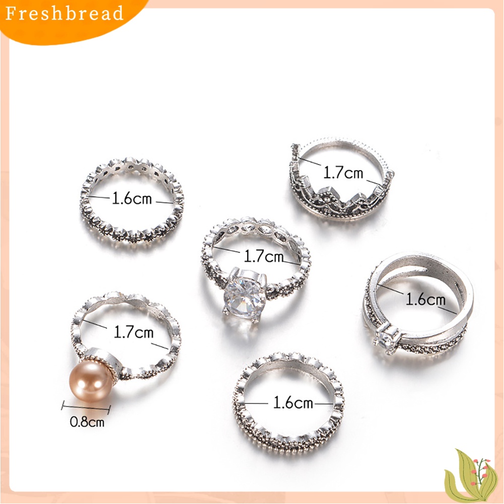 &lt; Freshbread &gt; 6 Pcs Retro Wanita Mutiara Imitasi Zirkon Mahkota Berongga Band Knuckle Midi Rings Perhiasan