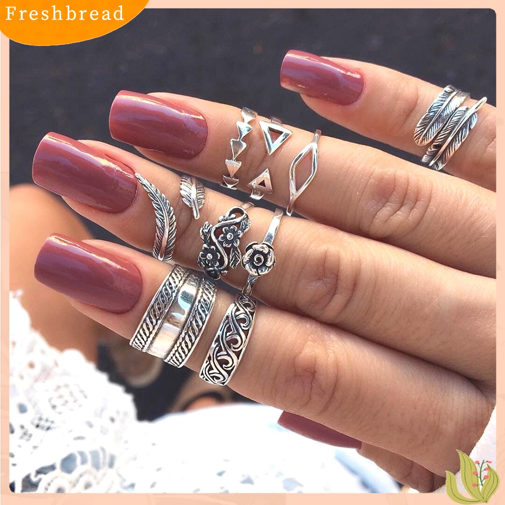 &lt; Freshbread &gt; 9pcs Vintage Wanita Berongga Ukiran Bunga Daun Terbuka Band Buku Jari Cincin Set