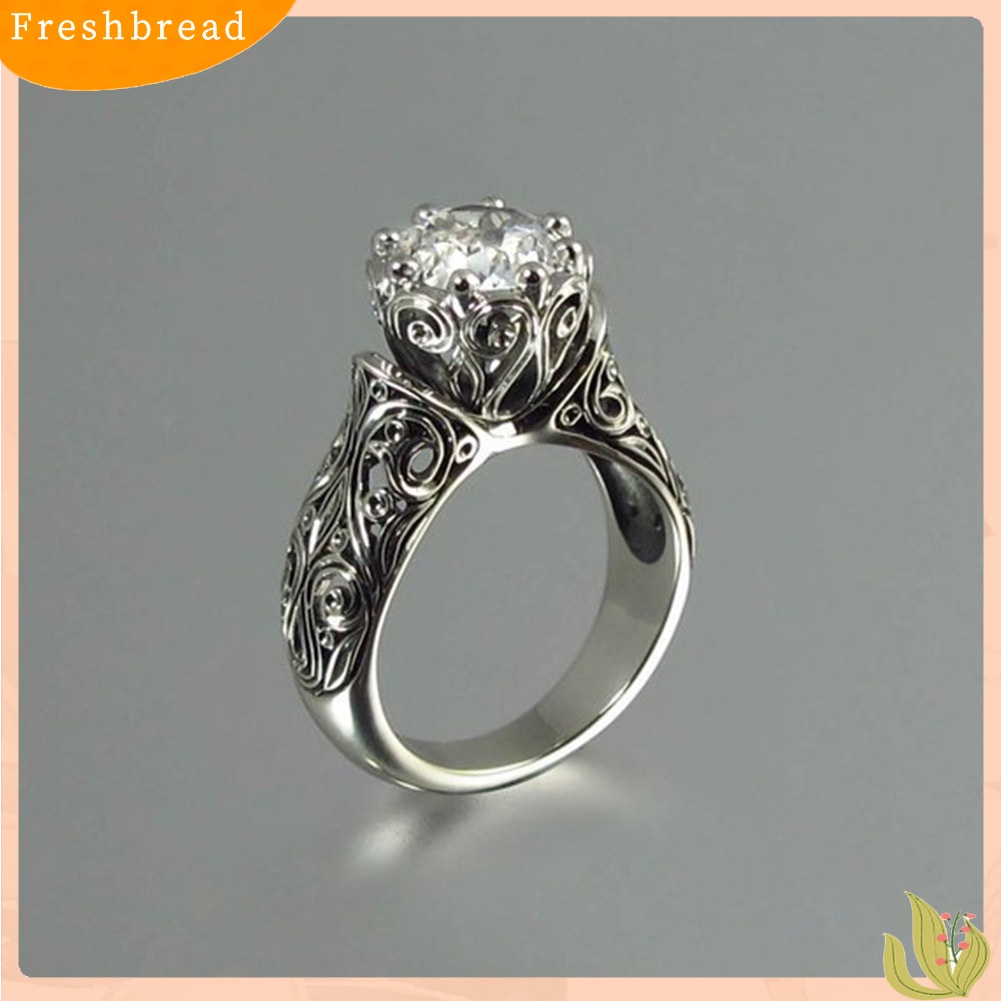 &lt; Freshbread &gt; Vintage Wanita Ukir Bunga Bulat Berlian Imitasi 8cakar Pertunangan Jari Cincin Dekorasi