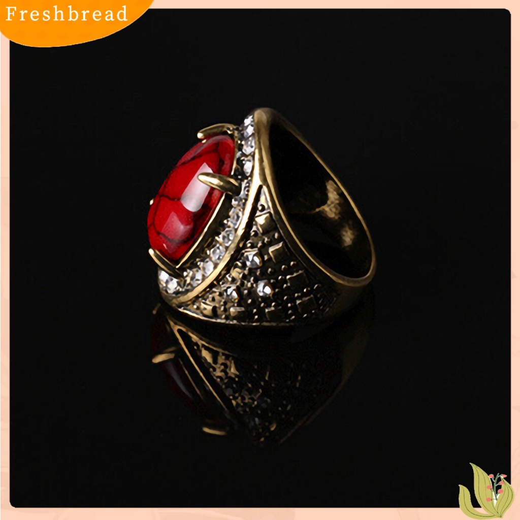 &lt; Freshbread &gt; Cincin Unisex Turquoise Hias Berlian Imitasi Retro Pria Wanita Perhiasan Cincin Untuk Pesta