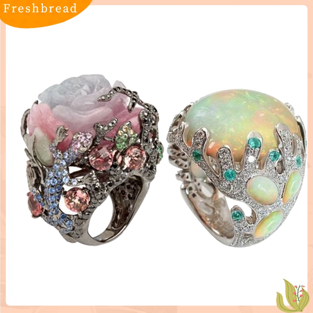 &lt; Freshbread &gt; Wanita Multicolor Oval Besar Faux Moonstone Ukir Bunga Jari Cincin Perhiasan