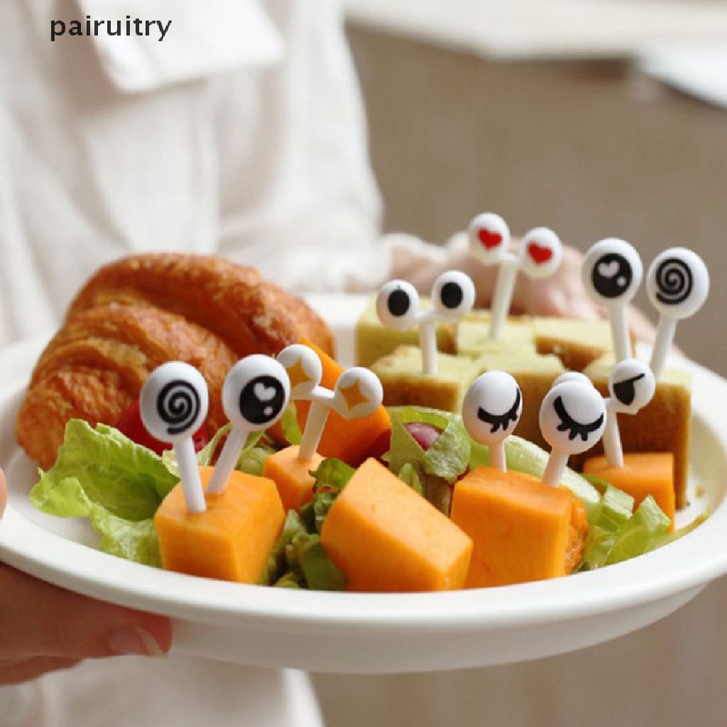 Prt Lovely 10pcs Tusuk Gigi Buah Plastik Lovely Eye Cartoon Forks Bento Hias PRT