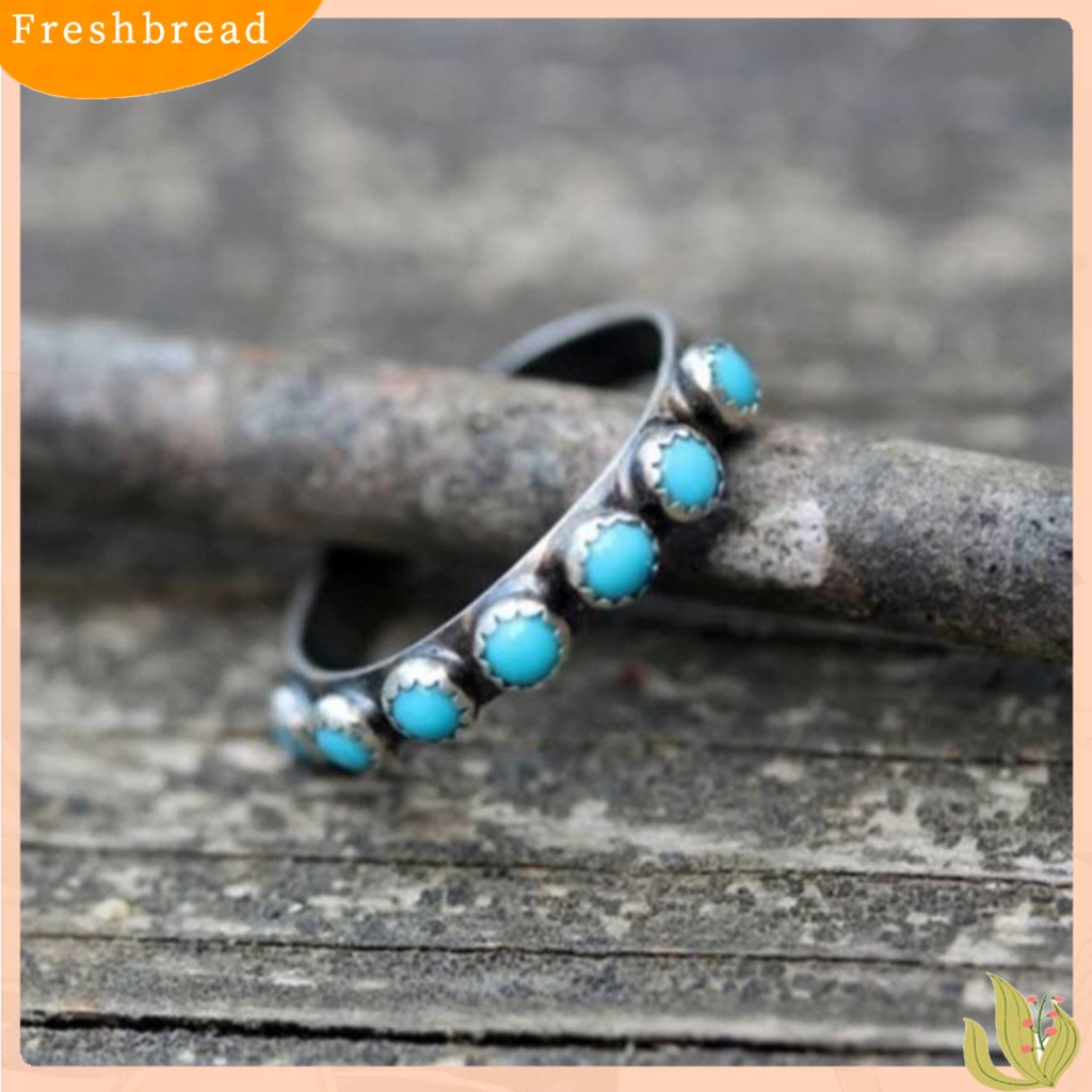 &lt; Freshbread &gt; Retro Gaya Etnik Turquoise Bulat Kecil Beads Cincin Wanita Perhiasan Aksesoris