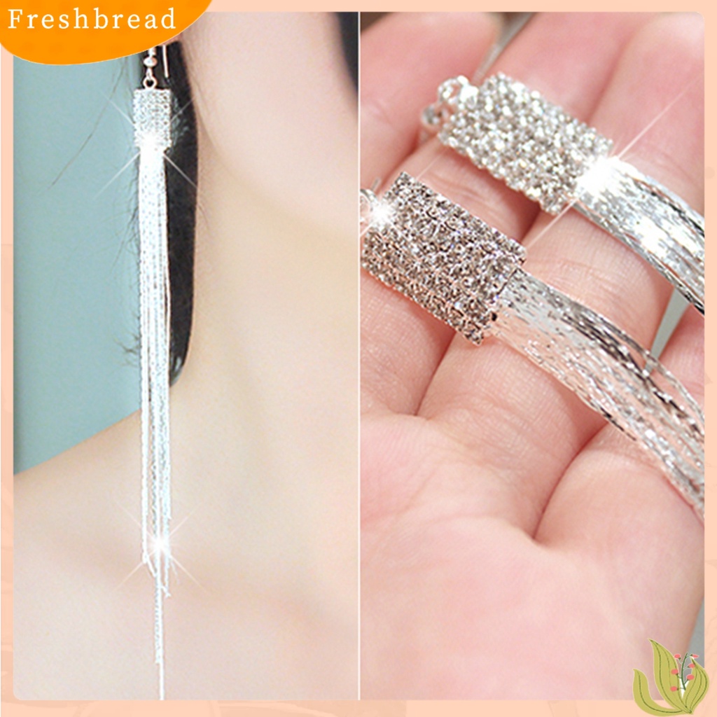 &lt; Freshbread &gt; 1pasang Wanita Persegi Berlian Imitasi Drop Anting-Anting Panjang Jumbai Rantai Menjuntai Kait Anting Perhiasan