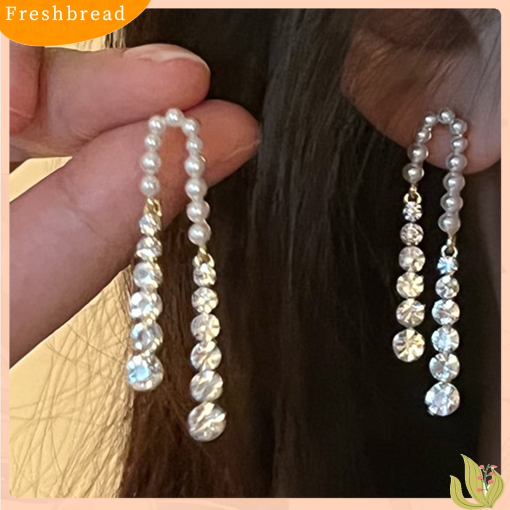 &lt; Freshbread &gt; 1pasang Anting Wanita Rumbai Panjang Mutiara Imitasi Perempuan Gaya Perancis Cubic Zirconia Anting Menjuntai Untuk Pernikahan