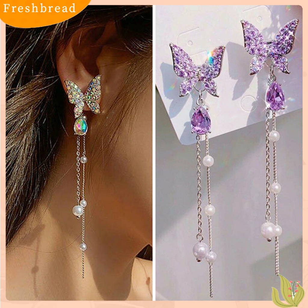 &lt; Freshbread &gt; 1pasang Anting Menjuntai Bentuk Kupu-Kupu Berlian Imitasi Indah Kelengketan Besar Drop Earrings Untuk Hadiah