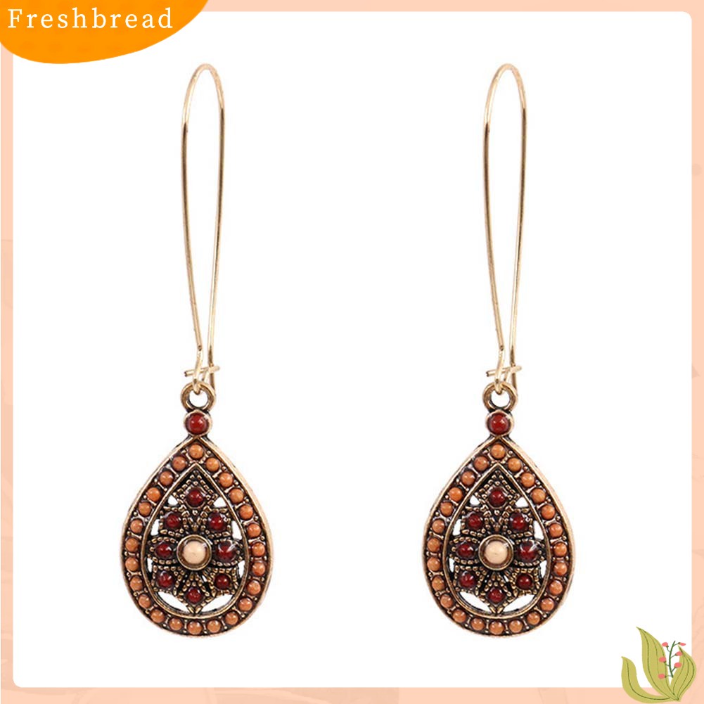 &lt; Freshbread &gt; Bohemian Wanita Manik-Manik Faux Turquoise Hias Hollow Teardrop Menjuntai Kait Anting