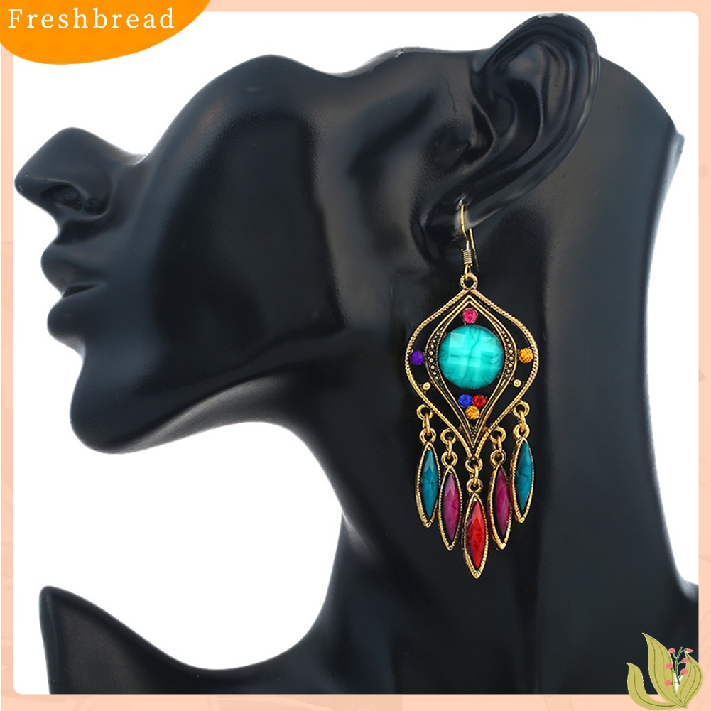 &lt; Freshbread &gt; Bohemian Wanita Berongga Ukir Resin Panjang Rumbai Menjuntai Kait Anting Perhiasan