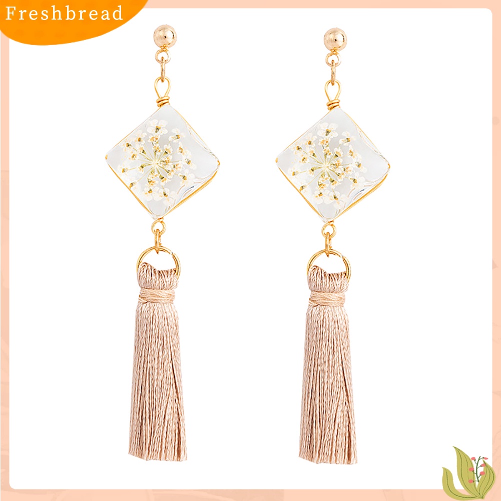 &lt; Freshbread &gt; Ethnic Square Daffodil Panjang Rumbai Menjuntai Ear Stud Earrings Wanita Perhiasan Hadiah