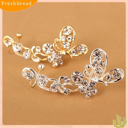 &lt; Freshbread &gt; Retro Faux Crystal Butterfly Flower Ear Cuff Stud Earring Clip on Untuk Telinga Kanan