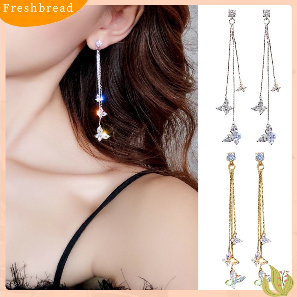 &lt; Freshbread &gt; 1pasang Wanita Linear Anting Gaya Bohemia Shiny Cubic Zirconia Rumbai Bentuk Kupu-Kupu Drop Earrings Perhiasan Pacaran