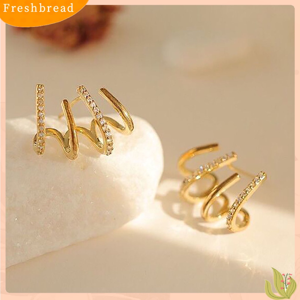 &lt; Freshbread &gt; 1pasang Berlian Imitasi Bersinar Ear Studs Pengerjaan Halus Kreatif Berbentuk U Empat Baris Wanita Anting Perhiasan Aksesoris