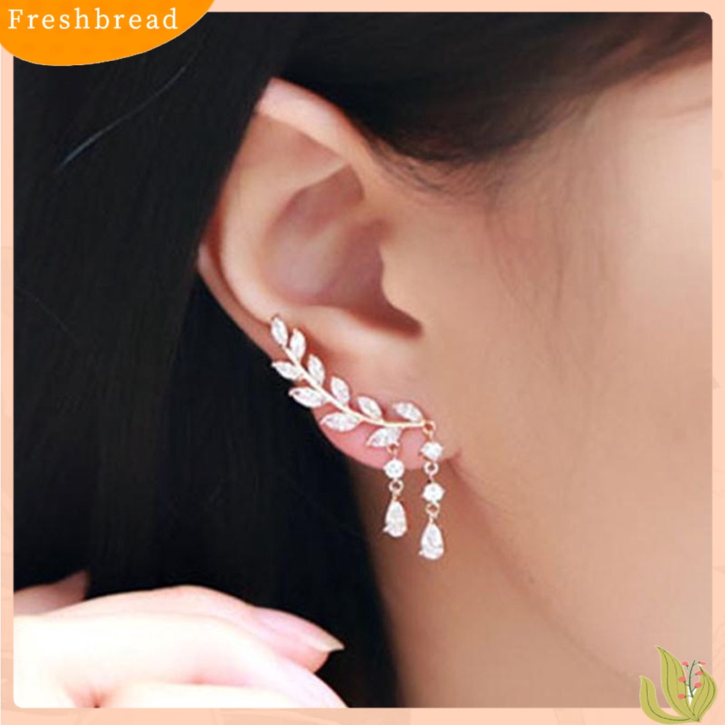 &lt; Freshbread &gt; Ear Studs Leaf Wanita Elegan Berlian Imitasi Drop Ear Manset Earrings Untuk Pacaran