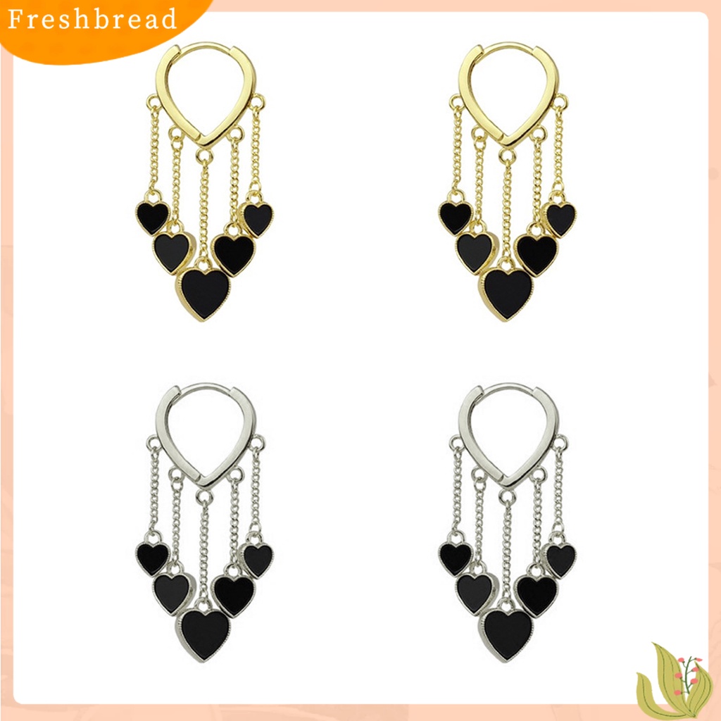 &lt; Freshbread &gt; 1pasang Anting Menjuntai Gaya Korea Elegan Temperamen Paduan Hati Hitam Wanita Drop Earrings Fashion Jewelry