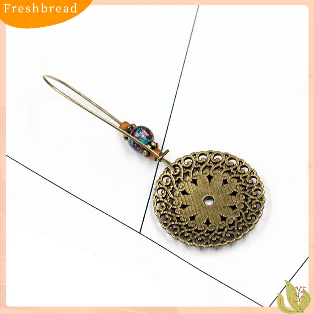 &lt; Freshbread &gt; Vintage Berongga Bulat Liontin Enamel Bunga Menjuntai Panjang Kerawang Anting Ukir