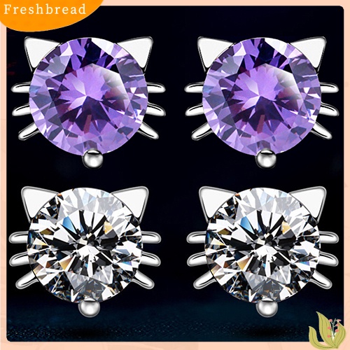 &lt; Freshbread &gt; Gadis Lucu Bersinar Telinga Kucing Giwang925 Sterling Perak Zirkon Anting Perhiasan