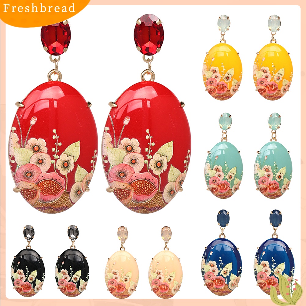 &lt; Freshbread &gt; Wanita Elegan Resin Bentuk Oval Bunga Liontin Anting Berlian Imitasi Bertatahkan Perhiasan