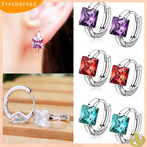 &lt; Freshbread &gt; Anting Huggie Wanita Kotak Bersinar Cubic Zirconia Silver Plated Eardrop Masa Kini