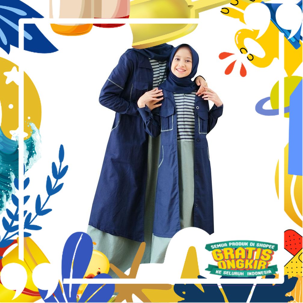 Lunangoofficial-Gamis Couple Muslimah Katun Motif Salur Premium LG 792 & Gamis Anak LGA 793/ kopel i