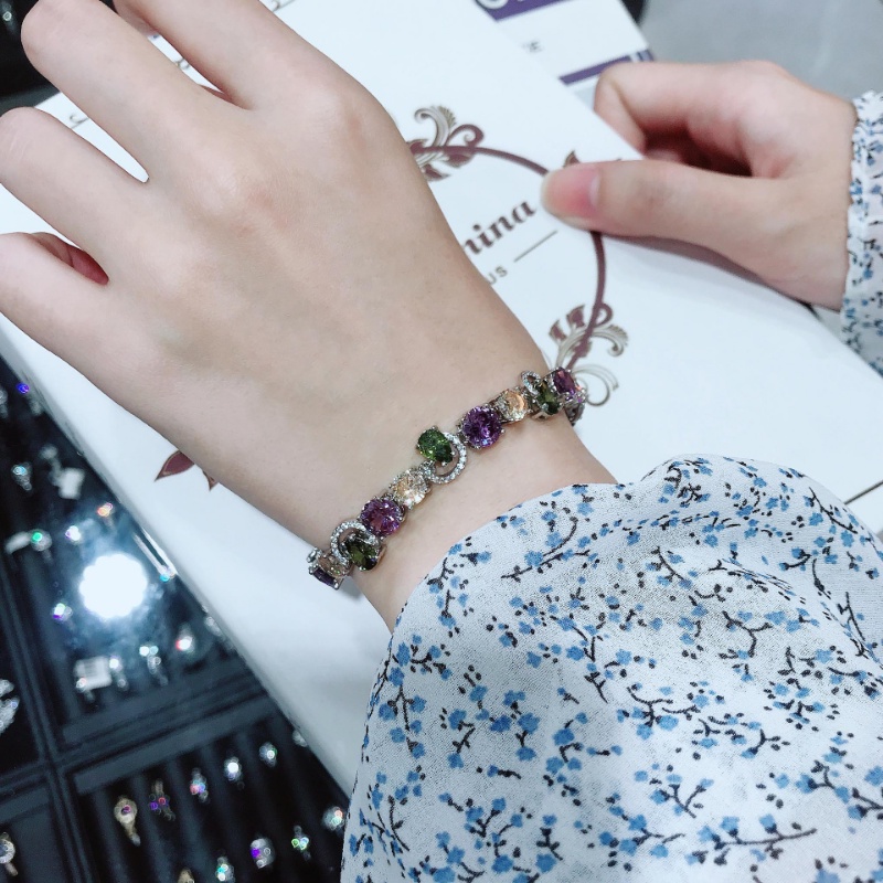 Goldkingdom Aksesoris Perhiasan Fashion Ready Stock Colorful Tourmaline Bracelet Amethyst Olivine Clasp Bracelet Perempuan