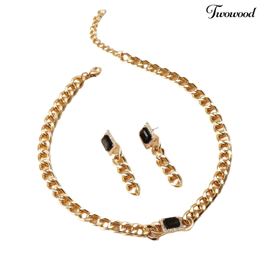 Twowood 2Pcs/Set Rantai Tebal Hip Hop Adjustable Kalung Anting Set Menjuntai Anting Permata Imitasi Kalung Set Perhiasan Aksesori