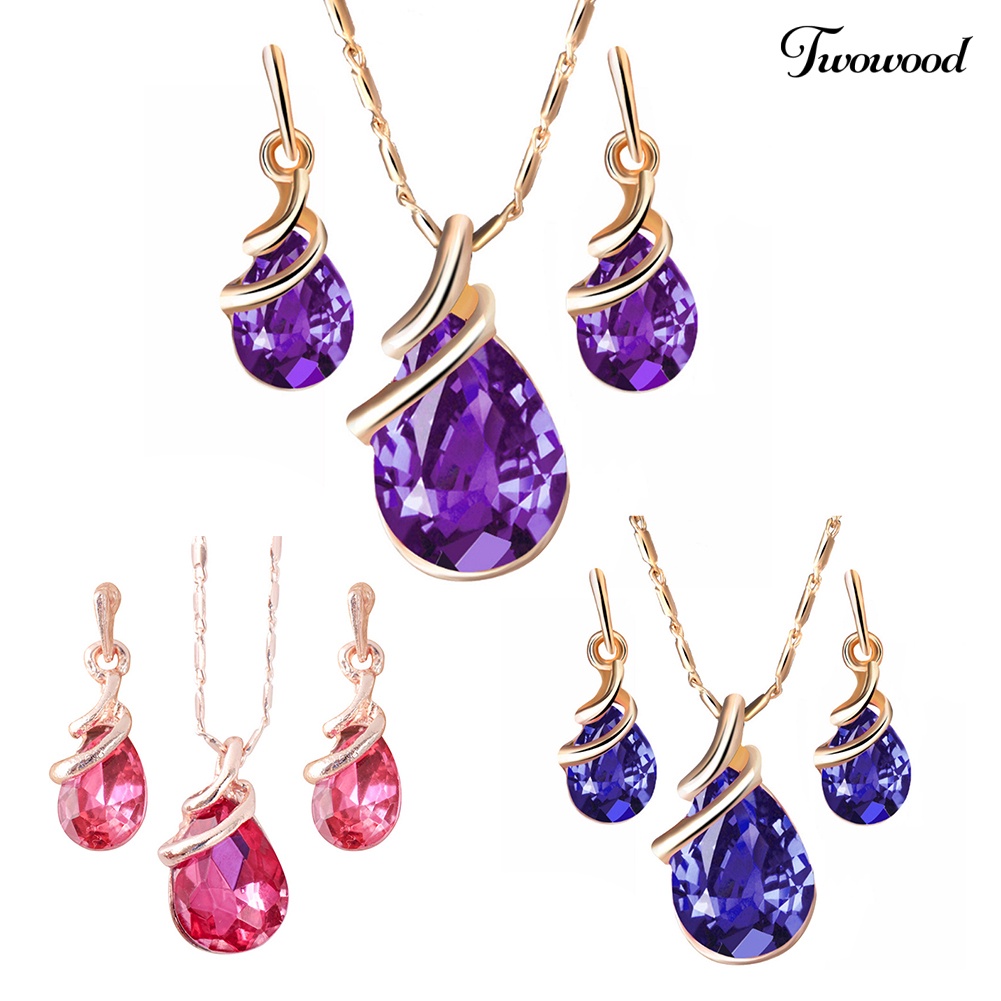 Twowood Fashion Wanita Teardrop Berlian Imitasi Liontin Stud Anting Kalung Set Perhiasan